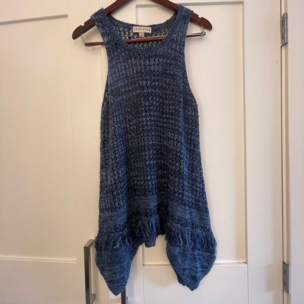 Knox Rose Women Blue Open Knit Crochet Sweater Tank Top Fringe Asymmetric Size 1 - Picture 2 of 8